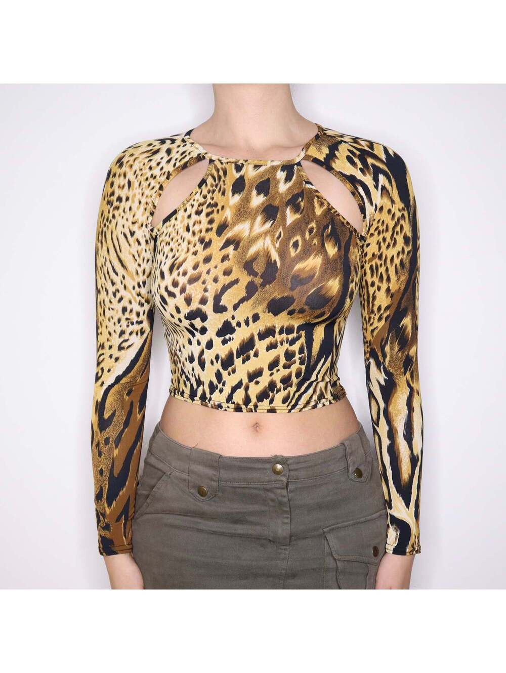 Y2K French Leopard Print Cutout Crop Top (S)